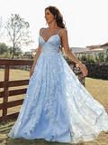 A-Line/Princess Lace Ruffles V-neck Sleeveless Sweep/Brush Train Dresses HZ1023