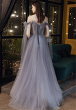 Gray Blue Prom Dress Stunning Glitter Tulle Bridesmaid Dress Long Tulle Sleeves Graduation Dress Illusion Evening Dress Floor Length HZ1023