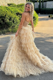 A Line Strapless Corset Glitter Tulle Prom Dress with Ruffles HZ1023