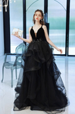 Simple Black Long Ruffle Tulle V Neck Formal Prom Dress HZ1023