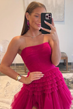 A-Line Strapless Tulle Long Prom Dress with Tiered Ruffles HZ1023