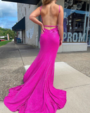 Sparkly Mermaid V Neck Fuchsia Sequins Long Prom Dresses with Appliques HZ1023