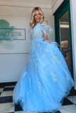 A line V Neck Lace Tulle Prom Dress with Beading and Feather HZ1023