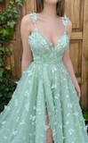 Elegant A-Line V-Neck Floral Embossed Tulle Long Prom Evening Dress HZ1023