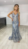 Blue gorgeous shiny spaghetti strap bodycon long tulle ball gown mermaid evening dress HZ1023