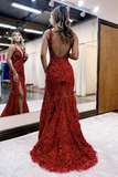 Mermaid V Neck Sequined Lace Prom Dress with Slit HZ1023