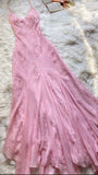Pink spaghetti strap beaded A-line long elegant ball gown evening dress party dress HZ1023
