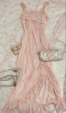 Pink Sweet Elegant Cute Lace Strap Ruffle A-Line Long chiffon prom dress Evening Dress HZ1023