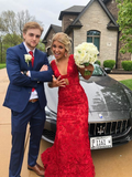 Red V Neck Lace Long Prom Dress HZ1023