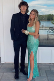 Turquoise Sequin Lace-Up Back Mermaid Long Formal Dress with Slit HZ1023