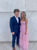 Spaghetti Straps A Line Pink Tulle Prom Dress HZ1023