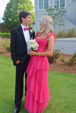 Pink Long Prom Dresses A-line Tulle Tiered Floor Length Formal Gown HZ1023