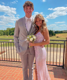 Spaghetti Straps Flower Pink Prom Dress With Slit HZ1023
