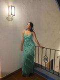 Green simple elegant spaghetti strap ruffle party dress long prom dress evening gown HZ1023