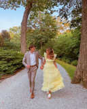 Yellow fashion square neck A-line multi-layered long tulle ball gown evening dress HZ1023