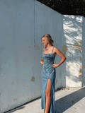 Shiny Spaghetti Straps Satin Mermaid Slitprom Dress Long Evening Dress HZ1023