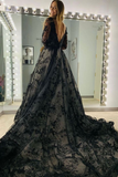 Black Appliques Illusion Long Sleeves Deep V Neck Long Wedding Dress HZ1023