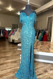 Sequins Tassels Cold Shouolder Long Prom Dress with Slit HZ1023