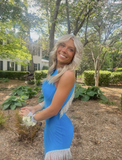 Blue elegant fashion halter neck tassel ball gown evening dress HZ1023