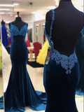 Sexy Mermaid Spaghetti Straps Navy Blue Long Prom/Evening Dress Appliques HZ1023