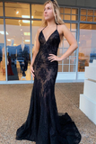 Mermaid V-neck backless lace black long ball gown evening dress HZ1023