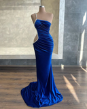 Charming mermaid halter royal blue velvet elegant sexy long slit ball gown evening dress HZ1023