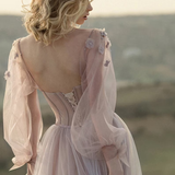 Sweetheart Neckline Lilac Tulle A-line Exposed Boning Wedding Dress Long Sleeves with 3D Flowers Bridal Dress HZ1023