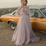 Sweetheart Neckline Lilac Tulle A-line Exposed Boning Wedding Dress Long Sleeves with 3D Flowers Bridal Dress HZ1023