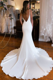 Simple White Mermaid Backless Boho Wedding Dress HZ1023