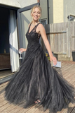 A Line V Neck Black Lace Long Prom Dresses, Black Lace Formal Dresses, Black Evening Dresses HZ1023