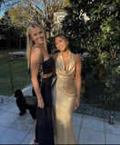 Champagne Gold Halter Backless Mermaid Long Party Dress HZ1023
