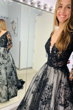 Black Appliques Illusion Long Sleeves Deep V Neck Long Wedding Dress HZ1023