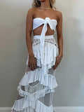 Sleeveless A-line white maxi long two piece suit ball gown evening dress HZ1023