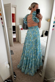 Blue elegant chiffon floral long prom dress evening gown garden party dress HZ1023