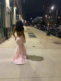 Sexy Mermaid Spaghetti Straps Sleeveless Lace Pink Prom Dress HZ1023