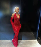 Red sequin black girls mermaid formal prom dress shiny long evening gown HZ1023