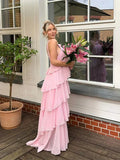 Pink Halter Fashion Halter Ruffled Tiered Ruffle Long Chiffon Tulle Ball Gown Evening Gown Party Dress HZ1023