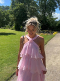 Pink Halter Fashion Halter Ruffled Tiered Ruffle Long Chiffon Tulle Ball Gown Evening Gown Party Dress HZ1023