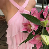 Pink Halter Fashion Halter Ruffled Tiered Ruffle Long Chiffon Tulle Ball Gown Evening Gown Party Dress HZ1023