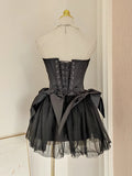 Black Sweet Cute A-line Off-shoulder Short Travel Holiday Dress Satin Birthday Dress Homecoming Dress Party Dress HZ1023