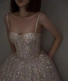 Champagne gorgeous shiny elegant fashion spaghetti strap long sequined prom dress, evening dress, party dress HZ1023