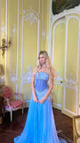 Light Blue Vintage Fashion Exquisite Beading A-Line Off-the-shoulder Long Chiffon Ball Gown Evening Dress Party Dress HZ1023