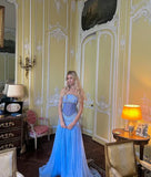 Light Blue Vintage Fashion Exquisite Beading A-Line Off-the-shoulder Long Chiffon Ball Gown Evening Dress Party Dress HZ1023