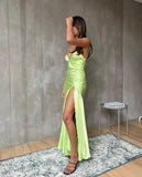 Green Fashion Simple Elegant Spaghetti Strap Long Satin Prom Dress Evening Dress Wedding Guest Party Dress Prom Dress HZ1023