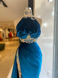 Blue sexy elegant fashion exquisite lace beading long velvet slit floor-length ball gown evening dress HZ1023