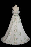 White exquisite floral fashion short sleeve long tulle floor length ball gown, evening dress, party dress HZ1023