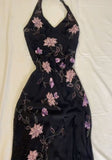Black gorgeous shiny exquisite beaded purple floral long halter elegant satin ball gown evening dress party dress HZ1023