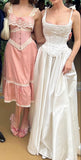 Light Ivory White Vintage Fashion Delicate Floral Elegant Spaghetti Strap Square Neck Long Satin Ball Gown Evening Dress Wedding Party Bridesmaid Dresses Prom Dresses HZ1023