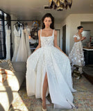 White fantasy square neck slit lace applique long tulle backless bridal gown wedding dress HZ1023