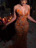 Orange Luxury Shiny Beaded V Neck Sexy Elegant Mermaid Slim Fit Long Floor Length Train Ball Gown Evening Gown Party Dress Prom Dress HZ1023